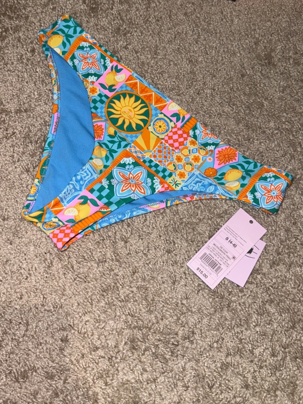 Vibrant Tile-Print Bikini Bottom - Turquoise & Yellow